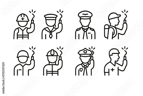 Hero Icons Grid. Outline icon set of flare users: rescue worker, sailor, pilot, hiker, soldier, firefighter, police officer,