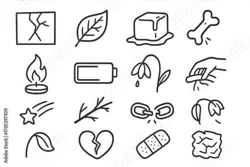 Symbols of Fragility. Hand-drawn doodle illustration delicate weakness cracked glass, fragile leaf, melting ice, broken bone,