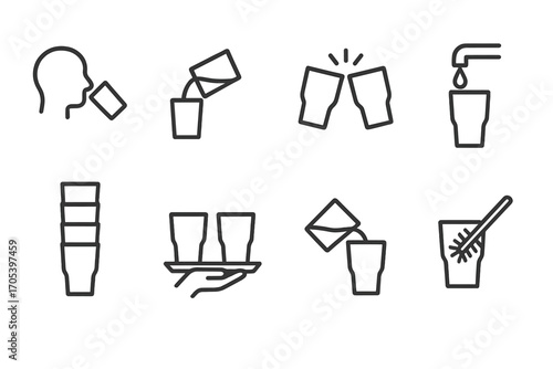 Glassware Icons Set. Outline icon set of glassware usage: drinking, pouring, clinking, rinsing, stacking, carrying, filling,