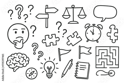 Doodle Conundrum Icons. Hand-drawn doodle illustration dilemma conundrum crossroads, question marks, arrows, scales, thinking face