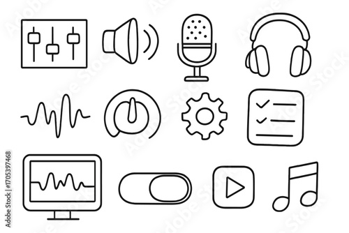 Audio Equipment Doodles. Hand-drawn doodle illustration audio preset equalizer, sliders, speaker, microphone, headphones, sound