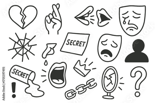 Betrayal and Scandal Icons. Hand-drawn doodle illustration betrayal and scandal broken heart, crossed fingers, whispering lips,