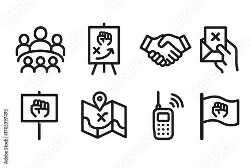 Rebellion Icon Set. Outline icon set of rebellion organization: group meeting, strategy board, handshake, secret notes, rally plan