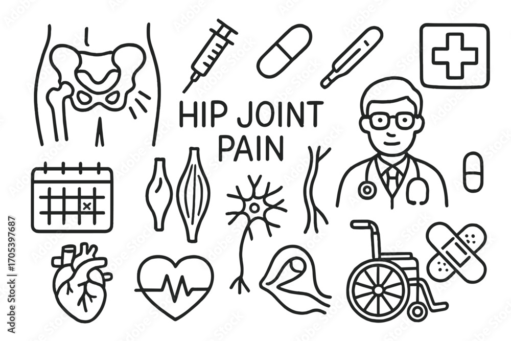 Obraz premium Hip Pain Symbols. Hand-drawn doodle illustration hip joint pain pain symbol, hip joint, syringe, pill, thermometer, cross,
