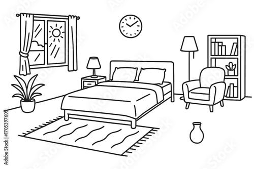 Minimalist Bedroom Doodle. Hand-drawn doodle illustration Spacious bedroom large bed, open window, bedside table, lamp, curtain,