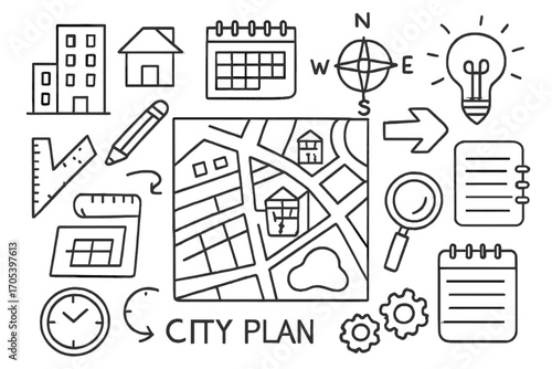 City Plan Doodle. Hand-drawn doodle illustration city plan map, buildings, roads, compass, calendar, ruler, pencil, clipboard,
