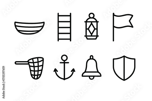 Moat Accessories Icons. Outline icon set of moat accessories: boat, rope ladder, lantern, flag, net, anchor, bell, shield. Line