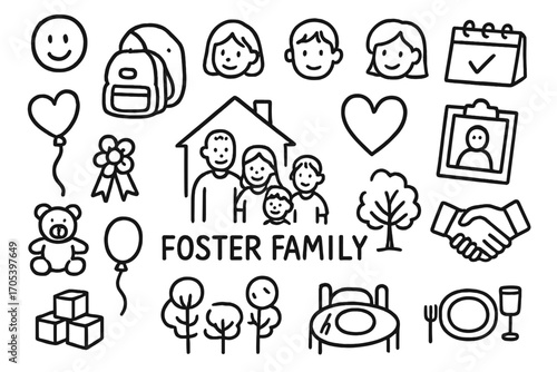 Foster Family Doodle Icons. Hand-drawn doodle illustration foster family child care family, house, children, heart, toys, school