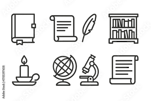 Legacy Knowledge Icons. Outline icon set of legacy knowledge: ancient book, scroll, quill, library, candle, globe, microscope,
