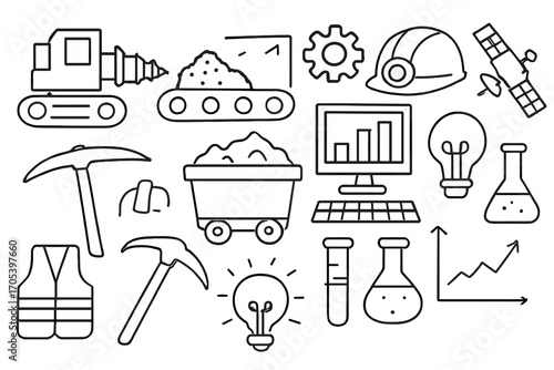 Mining Tools Doodle. Hand-drawn doodle illustration Mining machinery and technology drill machine, conveyor belt, computer, mining