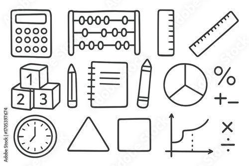 Math Tools Doodle. Hand-drawn doodle illustration math learning tools calculator, abacus, ruler, protractor, number blocks, pencil