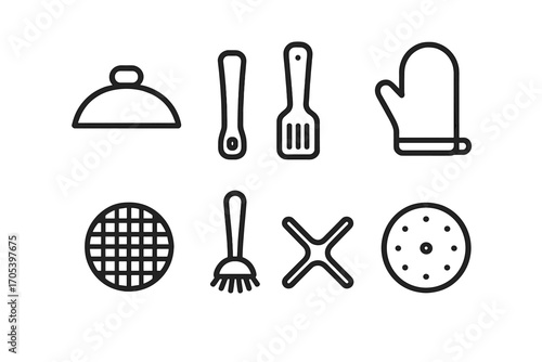 Pan Accessories Icons. Outline icon set of pan accessories: lid, handle, spatula, oven mitt, trivet, cleaning brush, pan stand,
