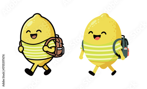Cute cartoon lemon character with a backpack. Happy fruit mascot ready for school or a trip. Vector illustration isolated on a white background.