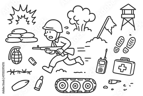 Doodle War Retreat. Hand-drawn doodle illustration Enemy forces withdrawal soldier running, helmet, rifle, explosion, smoke cloud,