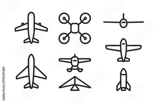 Diverse Wings Icons. Outline icon set of flying wings: airplane wings, drone wings, glider wings, propeller wings, jet wings,