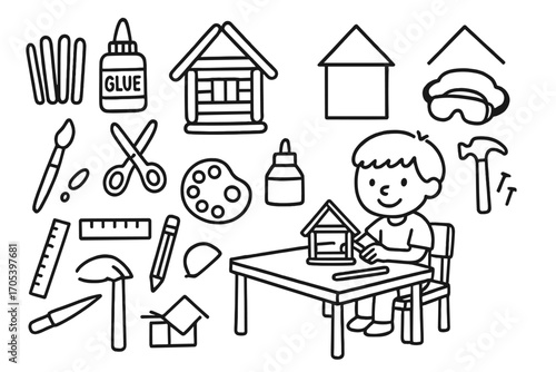 Popsicle Stick Crafts. Hand-drawn doodle illustration Children’s popsicle stick house crafts popsicle sticks, glue bottle,