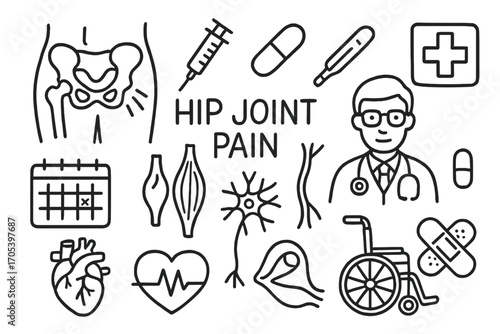 Hip Pain Symbols. Hand-drawn doodle illustration hip joint pain pain symbol, hip joint, syringe, pill, thermometer, cross,
