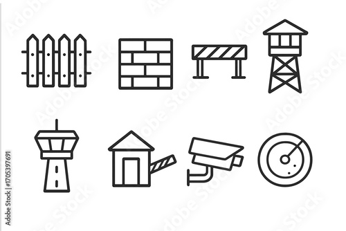 Border Infrastructure Icons. Outline icon set of border infrastructure: fence, wall, roadblock, watchtower, control tower,