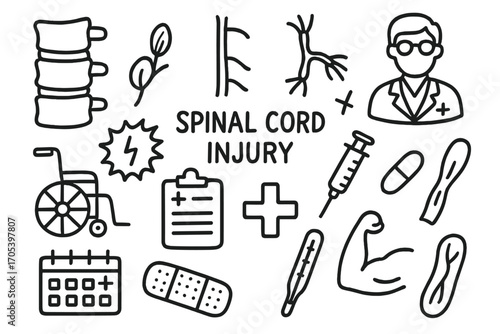 Spinal Injury Doodle. Hand-drawn doodle illustration vertebrae spinal cord injury vertebrae, spinal cord, nerve, wheelchair,