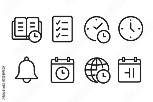 Time Management Icons. Outline icon set of time management: schedule, checklist, deadline, time tracking, reminder, calendar event