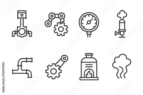 Steam Machinery Icons. Outline icon set of steam and machinery: piston pump, gear chain, pressure dial, steam whistle, copper