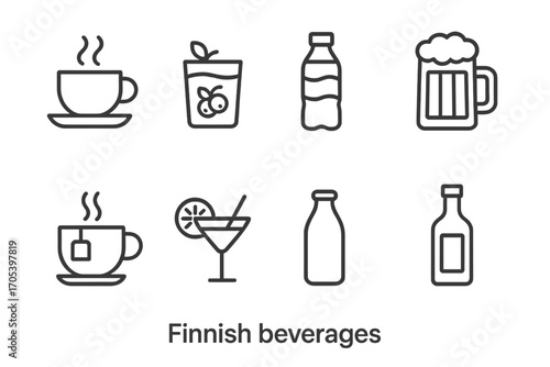 Nordic Icon Series. Outline icon set of Finnish beverages: coffee cup, berry juice, mineral water bottle, beer mug, herbal tea,