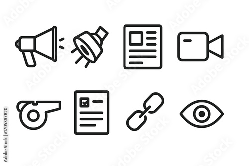 Exposure Icons Set. Outline icon set of exposure and whistleblowing: megaphone, spotlight, newspaper, video camera, whistle,