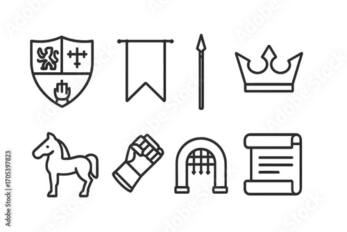 Feudal Symbol Icons. Outline icon set of feudal symbols: coat of arms, banner, lance, crown, gauntlet, horse, gate, scroll. Line