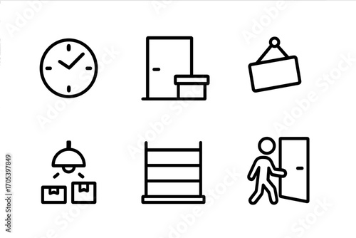 Shop Closing Icons. Outline icon set of shop closing time: clock with hands at closing, closed door, empty counter, signboard down