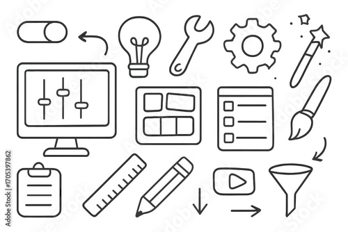 Creative Design Tools. Hand-drawn doodle illustration design preset computer screen, sliders, color palette, layers panel,