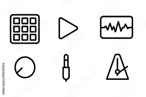 Digital Drum Sampler Icons. Outline icon set of digital drum sampler: drum pad, play button, record button, waveform display,