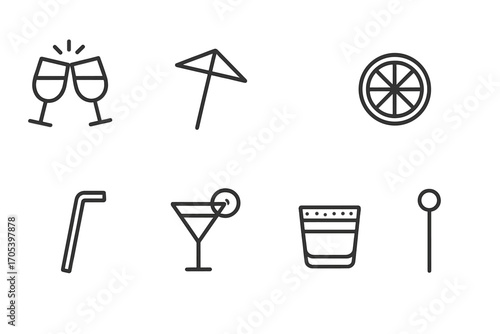 Drink Icons Outline. Outline icon set of drink types: clinking glasses, cocktail umbrella, ice cubes, lime slice, straw, fruit