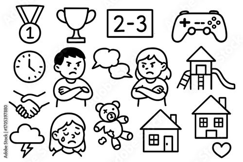 Sibling Rivalry Icons. Hand-drawn doodle illustration siblings rivalry competition medal, trophy, scoreboard, game controller,