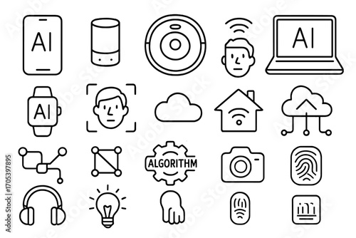 AI Tech Doodles. Hand-drawn doodle illustration AI in daily life smartphone, smart speaker, robot vacuum, laptop, smartwatch, chat