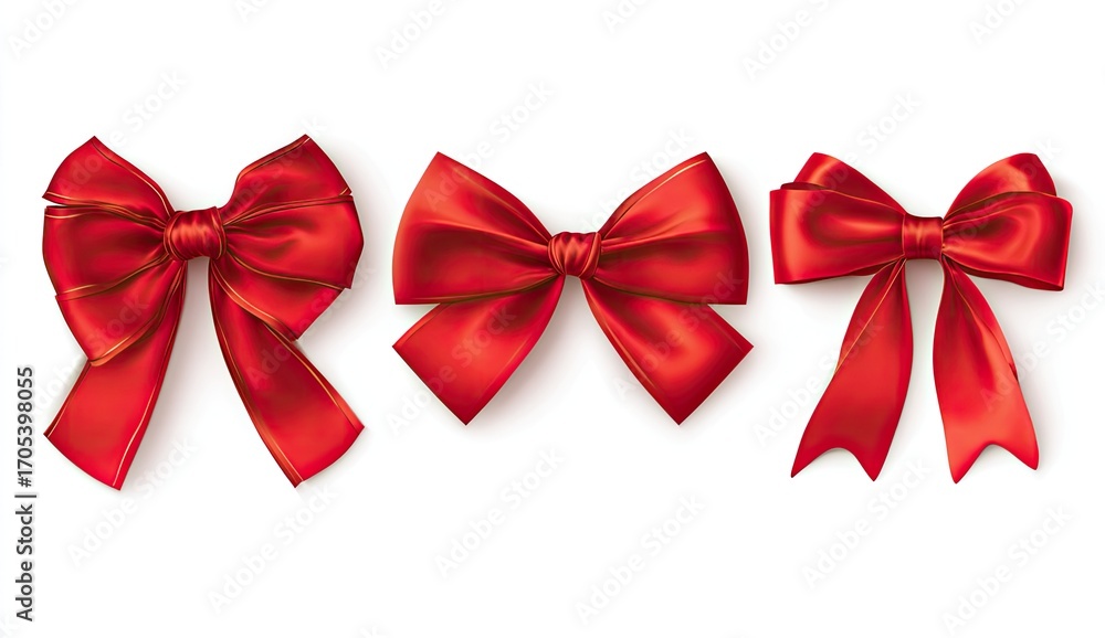 Fototapeta premium Four red satin ribbon bows, various styles, isolated on white