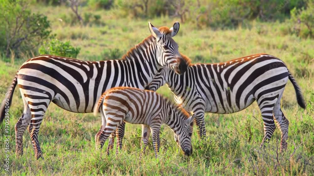 Three Zebras, including a baby zebra, graze on grassland in the savanna wildlife landscape. Animals, safari, grass, nature, outdoors, wildlife. Three Zebras, including a baby zebra, graze on grassland in the savanna wildlife landscape. Animals, safari, grass, nature, outdoors, wildlife.