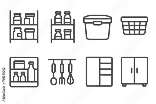 Kitchen and Food Icons. Outline icon set of kitchen storage solutions: pantry shelf, spice rack, food storage bin, basket,