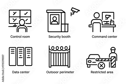 Surveillance Outline Icons. Outline icon set of surveillance environments: control room, security booth, observation tower,