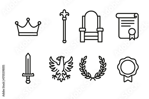 Noble Symbols Icon Set. Outline icon set of noble house symbols of power: crown, scepter, throne, scroll, sword, heraldic eagle,