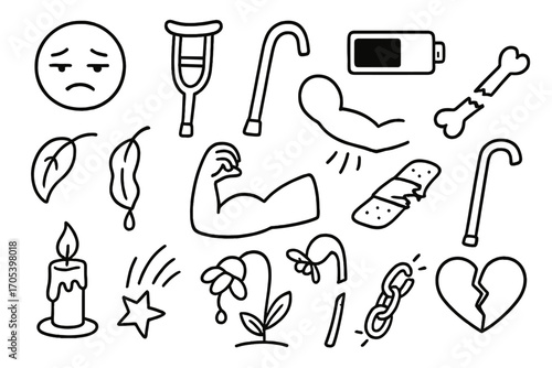 Symbols of Frailty. Hand-drawn doodle illustration physical weakness tired face, crutch, bent stick, sagging muscle, empty battery