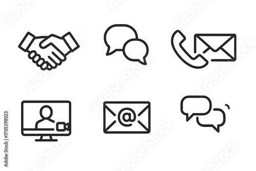 Communication Icons Set. Outline icon set of interpersonal communication: handshake, speech bubble, phone call, letter, video call