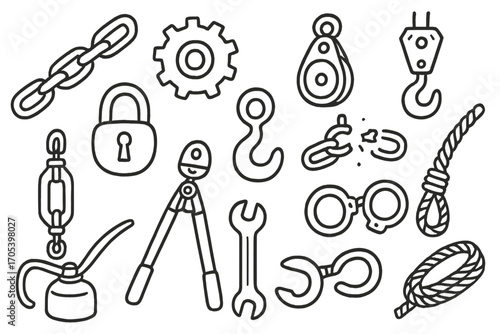 Industrial Tools Doodle. Hand-drawn doodle illustration industrial chain metal links, sprocket, gear, pulley, hook, crane, padlock