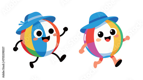 Pair of cute cartoon beach ball characters. Happy summer mascot wearing a sun hat. Vector illustration isolated on a white background.