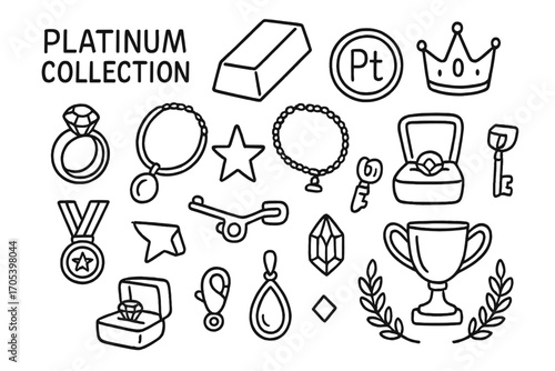Platinum Doodle Icons. Hand-drawn doodle illustration platinum collection platinum bar, coin, ring, necklace, bracelet, crown,
