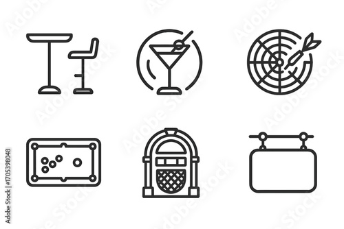 Bar Icons Collection. Outline icon set of bar furniture and decor: high table, bar stool, neon light, wall clock, dartboard, pool