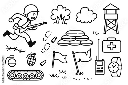Doodle War Retreat. Hand-drawn doodle illustration Enemy forces withdrawal soldier running, helmet, rifle, explosion, smoke cloud,
