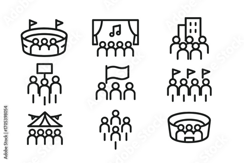 Crowd Gathering Icons. Outline icon set of crowd gathering places: stadium, concert hall, city square, protest march, rally point,