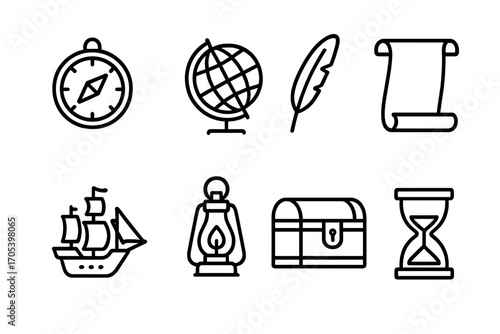 Old World Icon Set. Outline icon set of old world themes: compass, globe, quill, parchment scroll, sailing ship, lantern, treasure