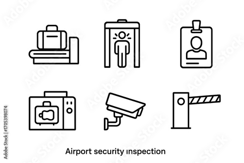 Airport Security Icons. Outline icon set of airport security inspection: luggage scanner, metal detector, ID card, passport, X-ray