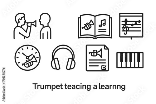 Trumpet Education Icons. Outline icon set of trumpet teaching and learning: teacher, student, music book, scale chart, practice